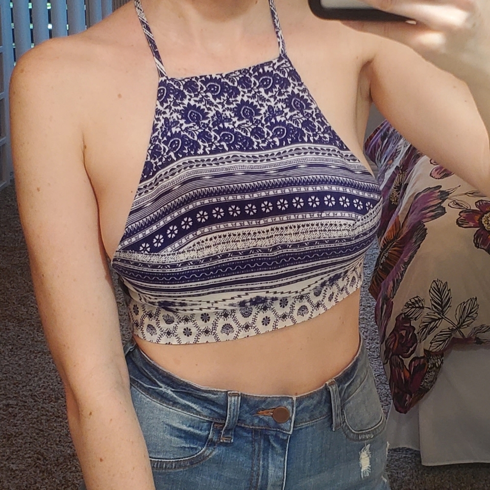 Lulu's sexy tie back crop top cobalt blue pattern